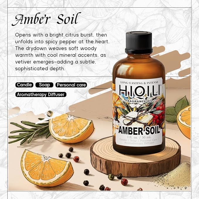 HIQILI Amber Soil Fragrance Oil for Diffuser, Perfume & Hair Perfume Mist Making - Citrus, Pepper & Woody Notes, Long-Lasting Scent - 1 Fl Oz
