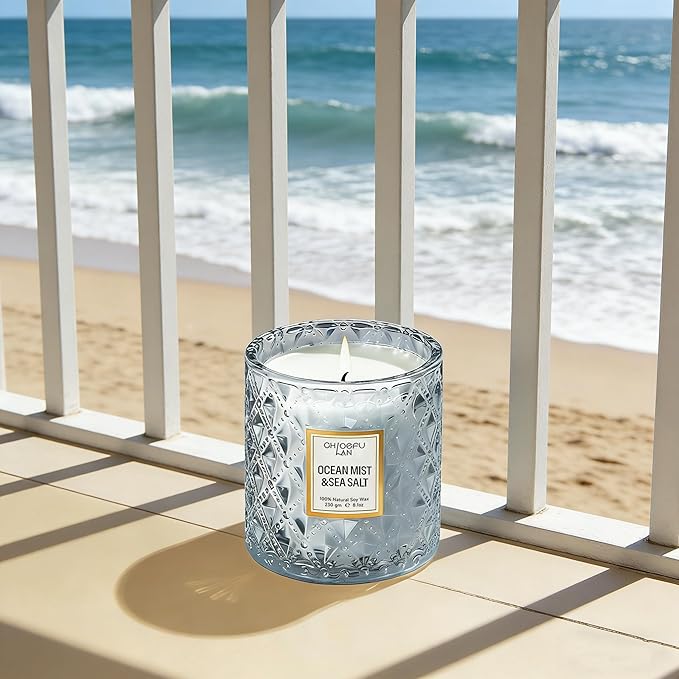 Ocean Candles Sea and Salt Candle with up to 55 Hour Long Lasting, Highly Scented, Luxury Air Freshening Jar Candles - Perfect Home Decor, Natural Soy Wax, Beach Candle, 8.1oz