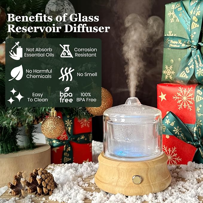 Lecdura 80ML Glass Essential Oil Diffuser with Glass Reservoir & Wood Base, Small Ultrasonic Aroma Diffusers with Auto-Off 7 Color for Home Office Bedroom Yoga