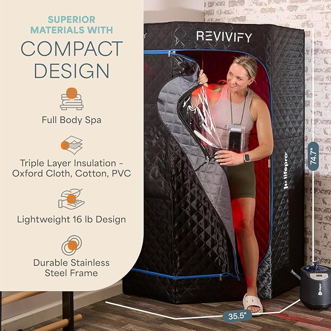 LifePro Revivify Deluxe Portable Sauna for Home with Red Light Therapy — Easy-to-Use Portable Infrared Sauna for Home — 2.6L Steamer & 6 Essential Oils
