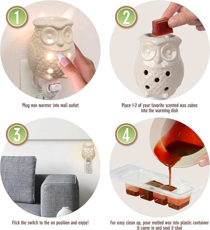 Owl Plug-in Fragrance Wax Melt Warmers (2Pk)- Electric Scented Candle Tart Warmer w 4 Cinnamon Cubes- Halogen Bulb Melts Wax & Fills Room w Fresh Scents & Night Light Glow- Holiday Xmas Must Have Gift