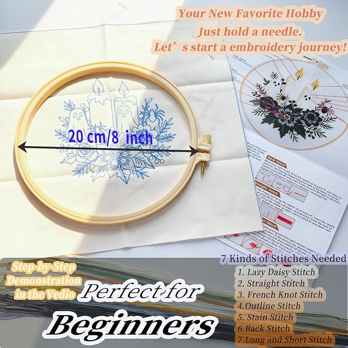 FONNUY Halloween Embroidery Kits for Beginners,Skull Pumpkin Spider Web Floral Stamped Cross Stitch Kit for Adults, Spooky Season Boho Wall Decor, 8'' Hoop (Candles)