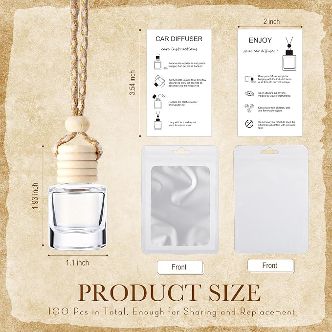 Boao 300 Sets Hanging Car Air Freshener Diffuser Bottles with Instruction Card and 4 x 6'' Resealable Holographic Bag for Empty Car Essential Oil Perfume Bottles Packaging (Cylinder)