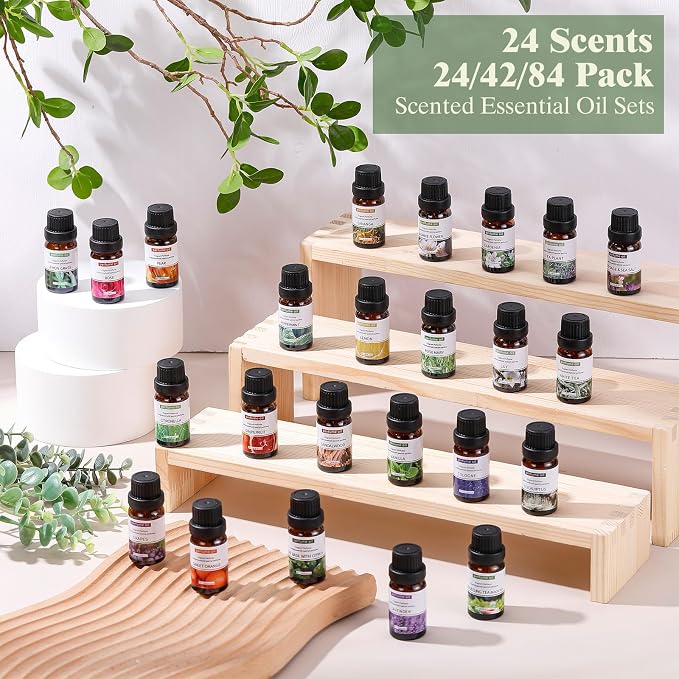 24 Pcs Essential Oil Set for Diffuser 10ml Sweet Orange Lavender Lemongrass Peppermint Eucalyptus Rose Each Fragrance Oil for Candle Making, Soap Making, Aromatherapy, Humidifiers (Fresh)