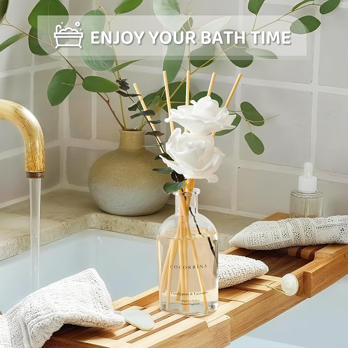 COCORRÍNA Reed Diffuser - Eucalyptus Lavender Scent, 6.76 fl oz Essential Oil with 8 Reed Sticks - Home Fragrance for Bedroom Bathroom Shelf Décor