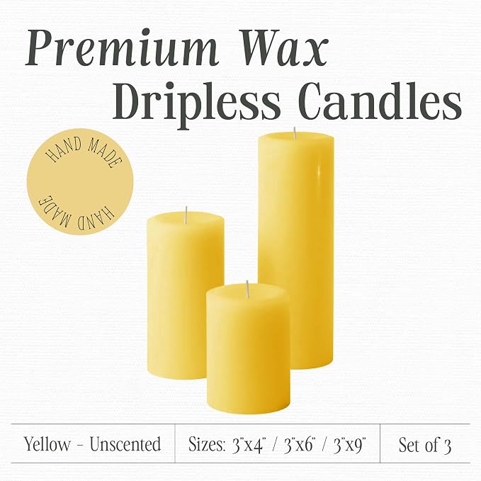 Mister Candle Unscented Dripless Pillar Candles Set of 3, Hand Poured 3 Inch Candles, Premium Wax, Decorative Pillar (3" x 4", 3" x 6", and 3" x 9", Yellow)