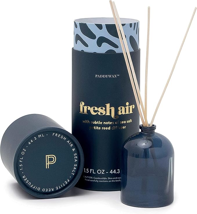 Paddywax Petite Reed Diffuser Set with Wooden Reeds, 720 Hour Long Lasting Home Fragrance Oil Diffuser, Decorative Milky Glass Bottle, Fresh Air Scent, Navy, 1.5 oz