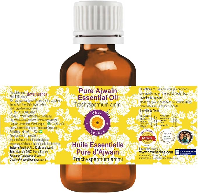 Deve Herbes Pure Ajwain Essential Oil (Trachyspermum ammi) Steam Distilled (Pack of Five) 100ml X 5 (16.9 oz)