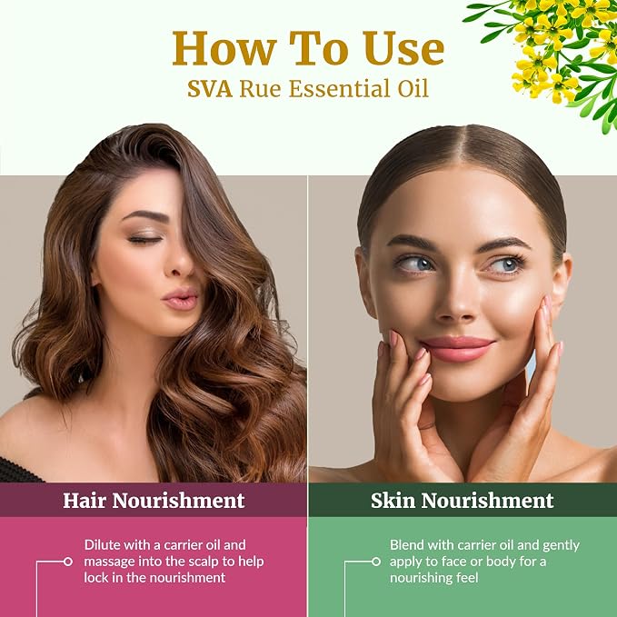 SVA Rue Essential Oil – 1 Fl Oz – 100% Natural Rue Oil - for Diffuser, Hair Care, Face, Skin Care, Aromatherapy, Scalp and Body Massage, Soap and Candle Making - with Dropper