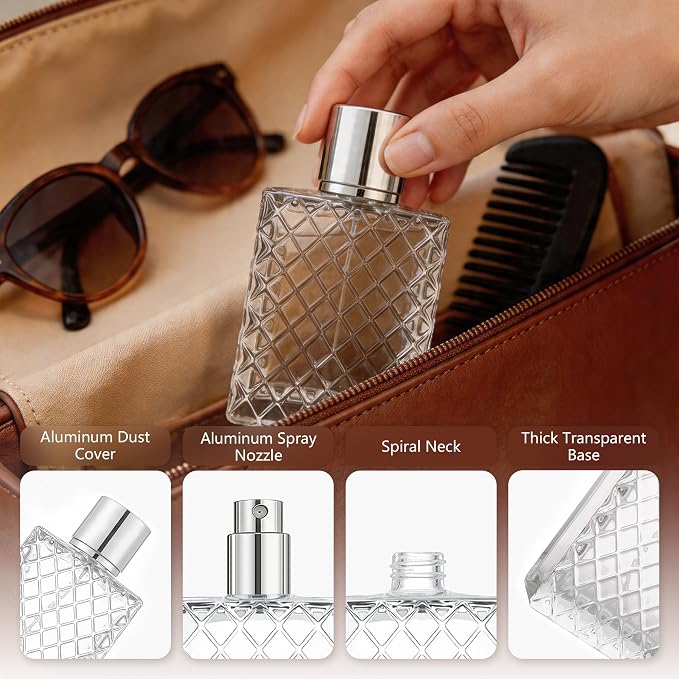 100ML 3.4oz Glass Spray Bottle, Clear, 1-Pack | Silver Aluminum Sprayer, For Essential Oils & Perfumes, Includes Funnel Filler, Includes 3ml Dropper