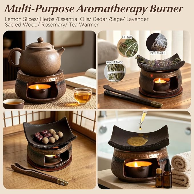Cedar and Zen Herb Burner Kit, 1250°C High-Fired Aromatherapy Burner Set | Japanese Style, 6-Piece, With Tea Light Holder & Roof Tile, For Herbs & Cedar, Meditation, Yoga, Relaxation, Home Decor Gift