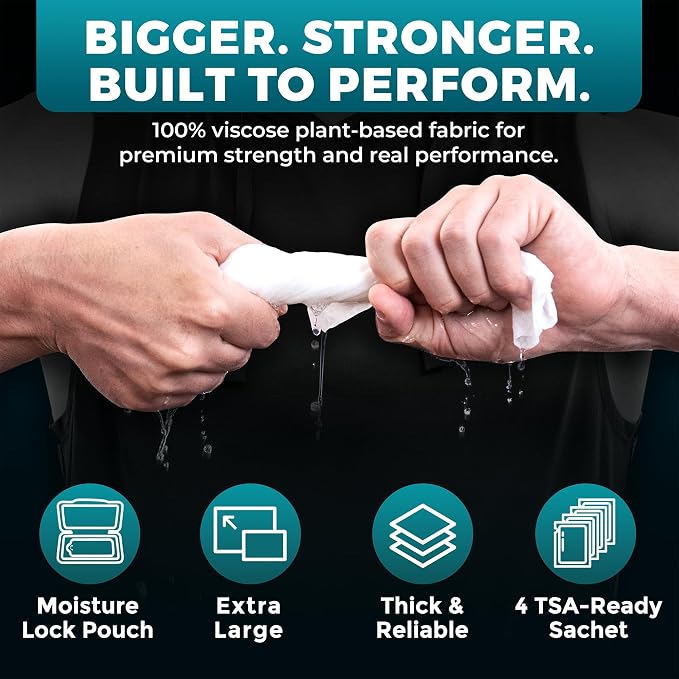 Travel Body Wipes for Men - 20 XL Shower Wipes for Adults Bathing No Rinse - Individually Wrapped 10”x10” Disposable Washcloths, Face Towels, Gym Mens Deodorant Sheets, Camping Essentials & Must Haves