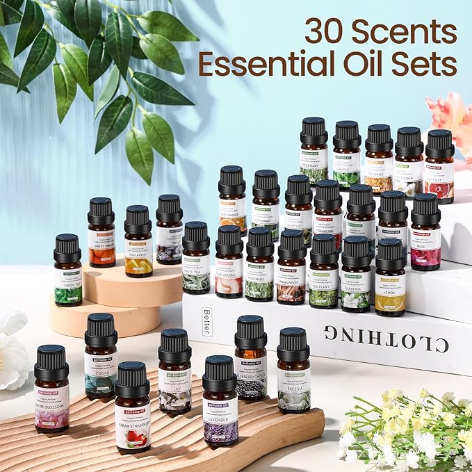 Nuanchu 30 Essential Oils Set Aromatherapy Natural Essential Oil Kit for Diffuser Candle Soap Making Massage Skin Care Sandalwood Eucalyptus Lavender Tea Tree Peppermint Aromatherapy Oil