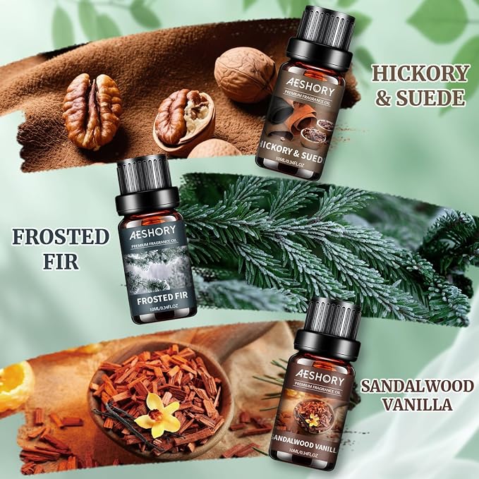 Wood Essential Oils Set, Woody Scent Fragrance Oil Kit, Aromatherapy Oils for Diffusers (6 * 10ML), Sandalwood &Vanilla, Forested Fir,Palo Santo&Mahogany,Cedar & Amber, Oud &Balsam,Hickory&Suede
