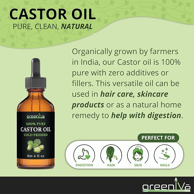 GreenIVe 100% Pure Castor Oil, 4 Fl oz | Cold-Pressed, USP Grade, Hair, Eyebrows, Eyelashes, Skin Moisturizer, Glass Bottle