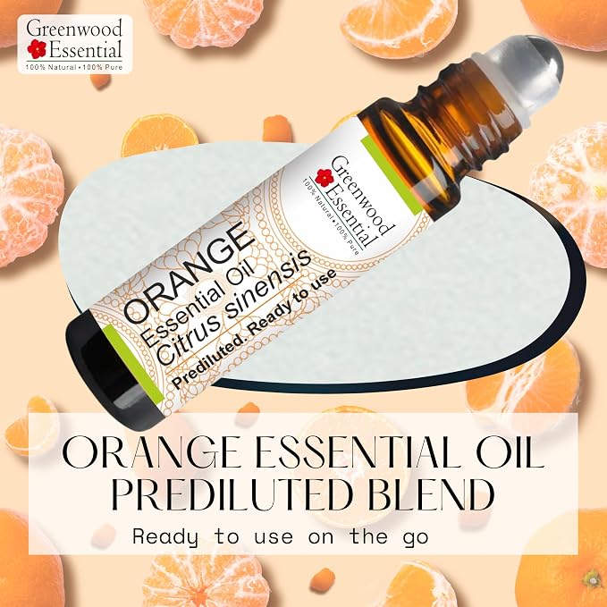 Greenwood Essential Orange Essential Oil (Citrus sinensis) Pre Diluted Ready to Use Roll-on Blend for Aromatherapy and Topical Skin Application for Kids and Adults 10ml (0.33 oz)