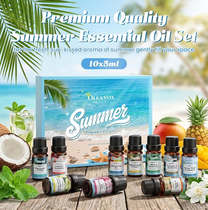 Summer Essential Oils Set, Tropical Fragrance Oils for Diffusers for Home, Scented Oil for Candle & Soap Making, Coconut & Gardenia,Ocean Wind & Jasmine More 10x5ml Aromatherapy Oils Gift for Women
