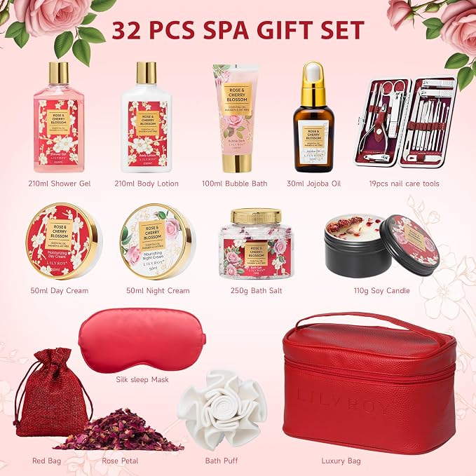 32Pcs Moisturizing Rose Bath and Body Gifts Skin Care Spa Gift Set for Women