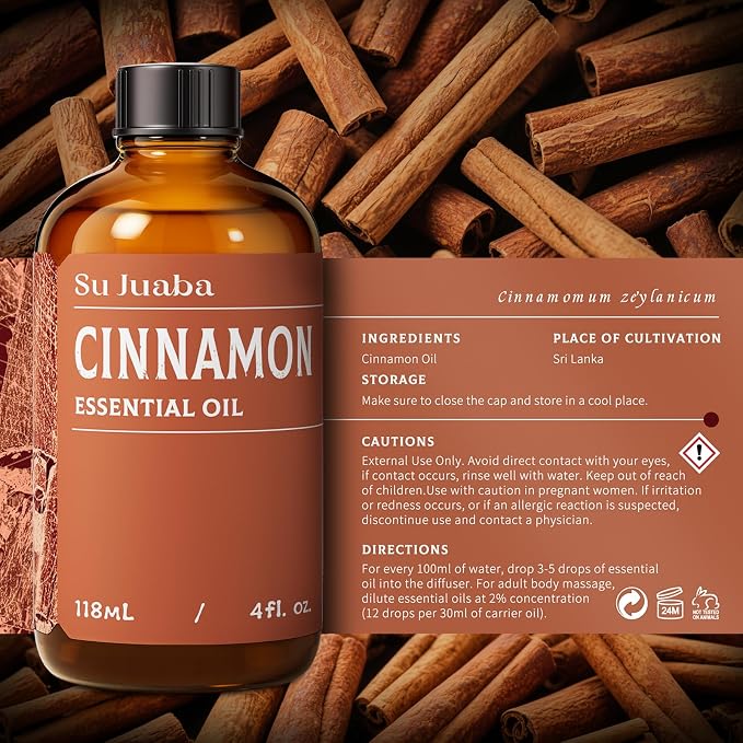 SU JUABA Cinnamon Essential Oil 4 Oz for Diffuser, Massage, Skin Care, Aromatherapy, DIY Candles, Soaps & Home Cleaning - 118ML