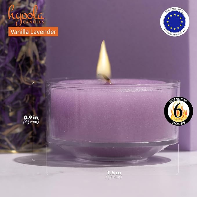 HYOOLA Scented Tealight Candles - Clear Cup - Vanilla Lavender Tealight Candles Scented - 6 Hour Burn Time - 15 Pack - European Made