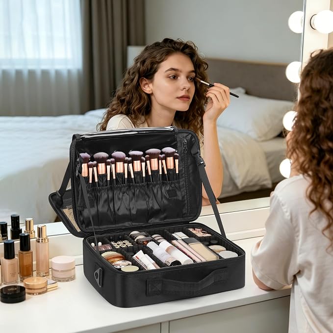 Relavel Travel Makeup Train Case Cosmetic Case Organizer Portable Artist Storage Bag with Adjustable Dividers for Cosmetics Makeup Brushes Toiletry Jewelry Digital Accessories