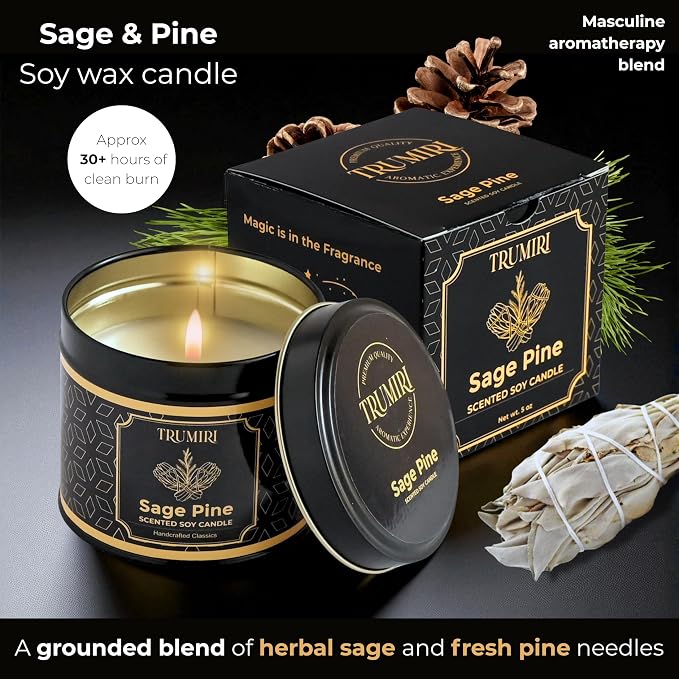 Sage & Pine Candle Strong Scented Soy Candel Natural Non Toxic Velas Aromáticas for Cleansing Gift for Fall Christmas Holidays Pack of 1 5Oz Decorartive Travel Tin