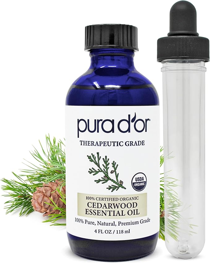 PURA D'OR Organic Cedarwood Essential Oil (4oz with Glass Dropper) 100% Pure & Natural Therapeutic Grade for Hair, Body, Skin, Aromatherapy Diffuser, Relaxation, Massage, Odors, Home, DIY Soap