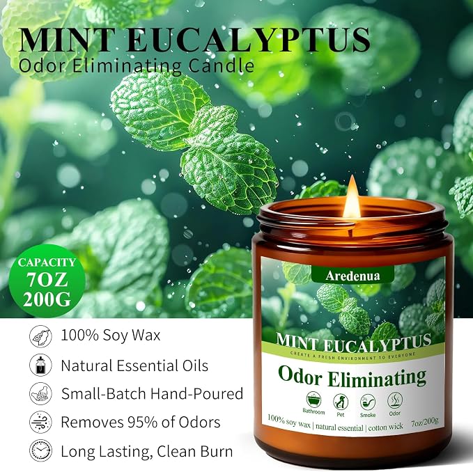 Mint Eucalyptus Odor Eliminating Candles | Eliminates 95% of Pet, Smoke, Food & Other Smells – Air Freshing Scented Candles - Gifts for Women Men, 50 Hour Burn time - 7 oz Natural Soy Wax