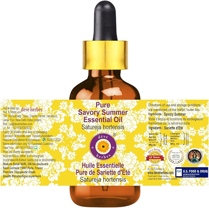 dève herbes Savory Summer Essential Oil (Satureja hortensis) with Glass Dropper | Pure | Non-Sticky | Non-Greasy | Lightweight | Men & Women | All Skin Types | Steam Distilled 30ml (1 oz)