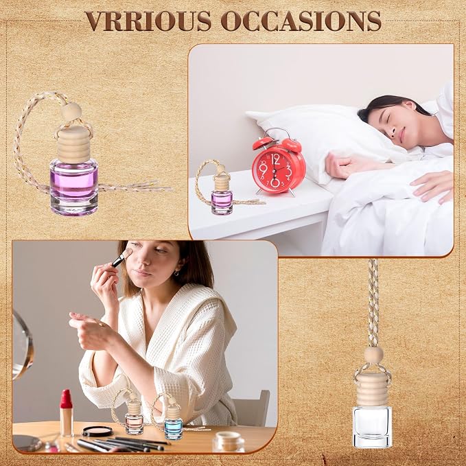 208Pcs 8ml Hanging Car Air Freshener Diffuser Cylindrical Empty Clear Glass Essential Diffuser Oil Aromatherapy Fragrance Perfume Pendant Glass Vial with Wooden Caps Hanging String Car Diffuser Bottle