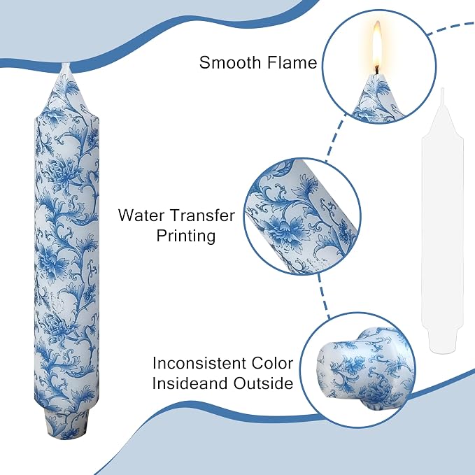 7 Inch Blue and White Taper Candles Short Chunky Candle Sticks Handmade Unscented Smokeless Chinoiserie Floral Thick Candles for Nautical Ceremony Dining Table Everyday Meals Family Dinner Elegance