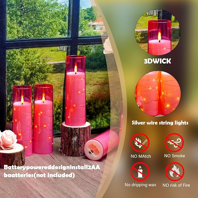 Sasigeiaa Flameless Candles with Embedded Star String - Battery Operated LED Candles, with Remote,12 Pink Flickering Candles for Christmas, Weddings, Home Decor & Party,(D 2.3"×H 5" 6" 7")