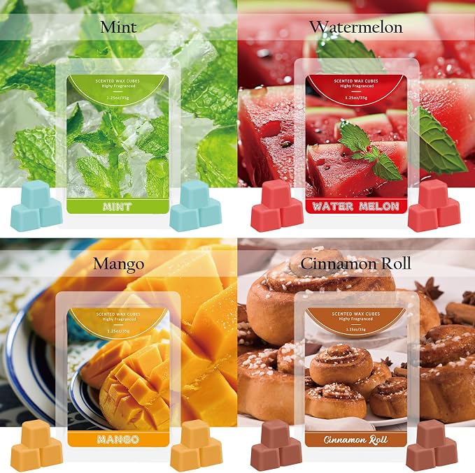 STRN Scented Wax Melts, Soy Wax Cubes Fruit & Food Strong Long-Lasting Summer Fragrances 12 Assorted Scents, Lemon, Mango, Mint, Bedroom, for Living Room, Office, 12 * 1.25 oz