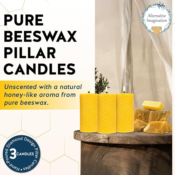Alternative Imagination Diamond Beeswax Pillar Candles – 3 Pack of 2x4 Inch Unscented Candles - Hand-Poured - 100% Pure Beeswax - Natural Honey Aroma - Dripless Long-Burn - Altar & Decor Use