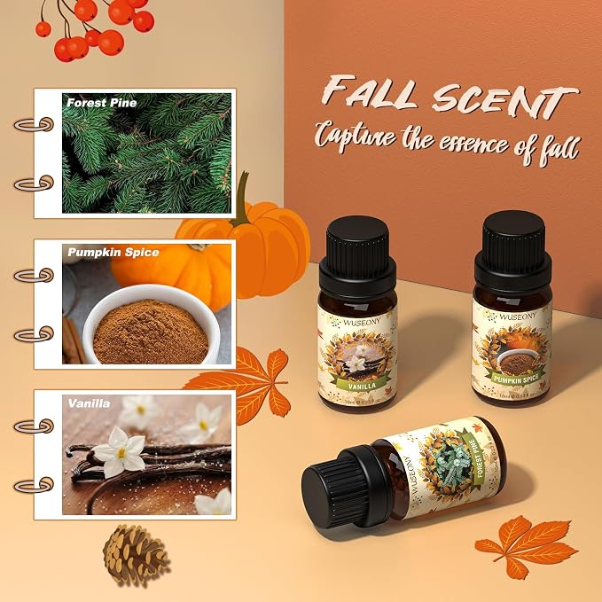 WUSEONY Fall Essential Oil for Diffusers, Autumn Fragrance Oil Set, Aromatherapy Oils Gift Set for Candle Soap Making - Apple Cider, Nutmeg, Snickerdoodle, Vanilla, Forest Pine, Pumpkin Spice, 6x10ml
