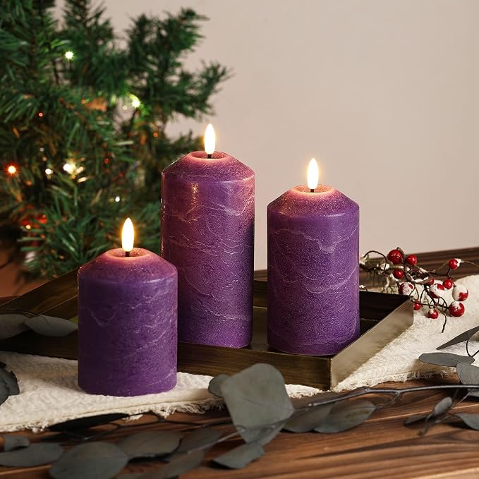 Purple Flameless Pillar Candles with Remote, Real Wax Christmas LED Candles Battery Powered Flickering Set of 3