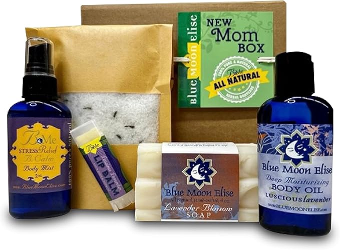 Blue Moon Elise New Mom Box, Natural Lavender Bath and Body Spa Gift Baskets for Women, New Mom Gifts for Women, Made from Pure Lavender Essential Oils, Safe for Use on Babies