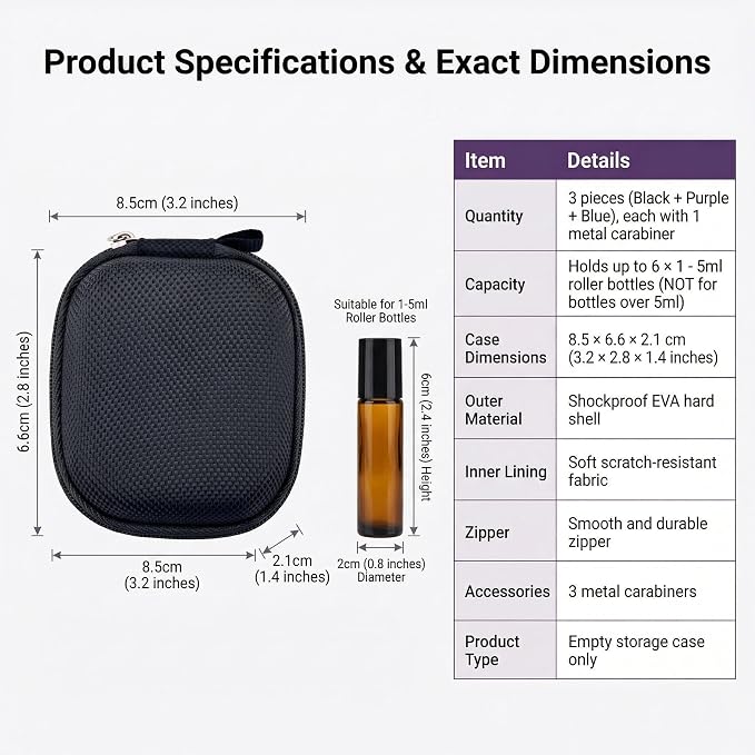 3 Pack Mini Essential Oil Case with Carabiner (1 per Case), Empty Travel Holder for 1-5ml Roller Bottles, Shockproof EVA Hard Shell Storage Bag, 3 Colors Random
