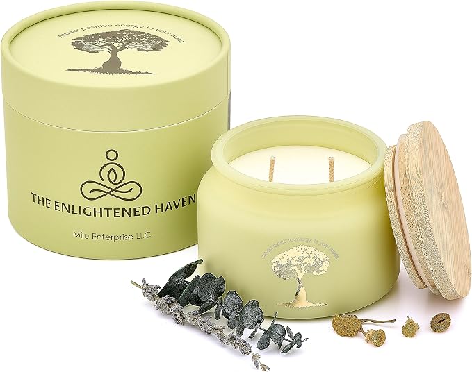 Eucalyptus, Lavender, and Chamomile Meditation and Yoga Candle for Calming, and Stress Relief - 50 Hour Clean Burning Soy Wax - 2-Wick Aromatherapy Relaxation Candle with Guided Materials - 9.5oz