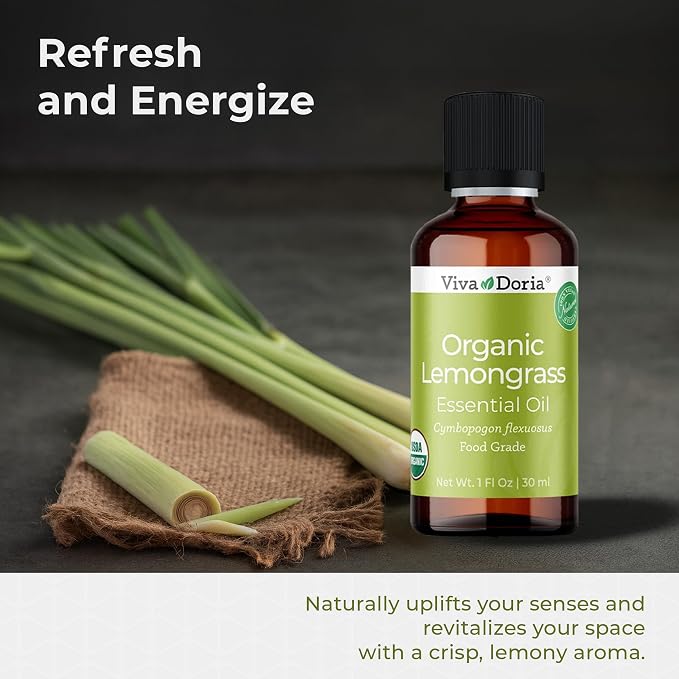 Viva Doria Lemongrass Essential Oil, USDA Certified, Organic Lemongrass Oil, 100% Pure, Natural Essential Oil, Undiluted, for Aromatherapy | Food Grade, 30 mL (1 Fluid Ounce)