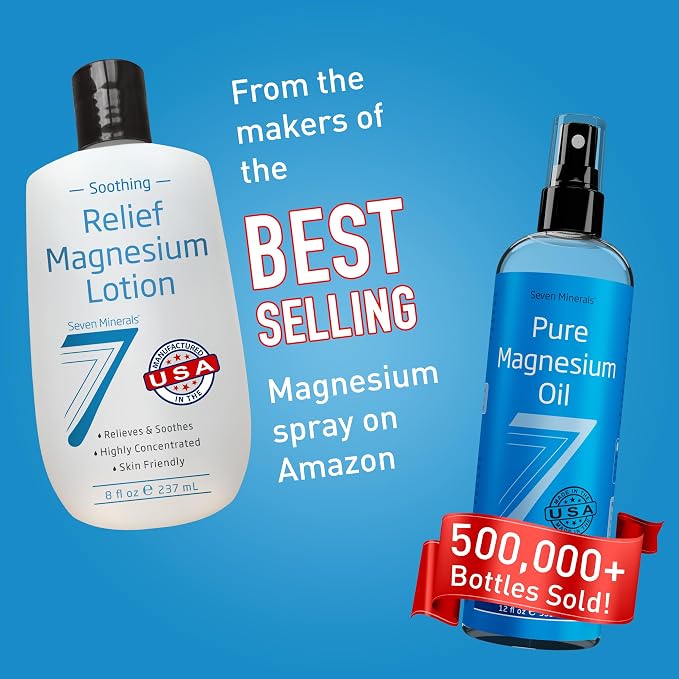Seven Minerals Magnesium Lotion for Sleep, Soothing Relief & Relaxation - Highly Concentrated Magnesium for Better Sleep, Feet & Joint Care. Non-Greasy Lotion with Skin Friendly Ingredients - 8 fl oz