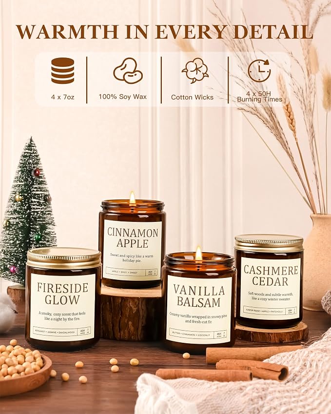 Scented Candles Gift Set for Women - 4 Pack Soy Candles for Home Scented, Long Lasting Winter Candle Set with Cashmere Cedar/Fireside Glow/Cinnamon Apple/Vanilla Balsam, Birthday Valentine's Day Gifts