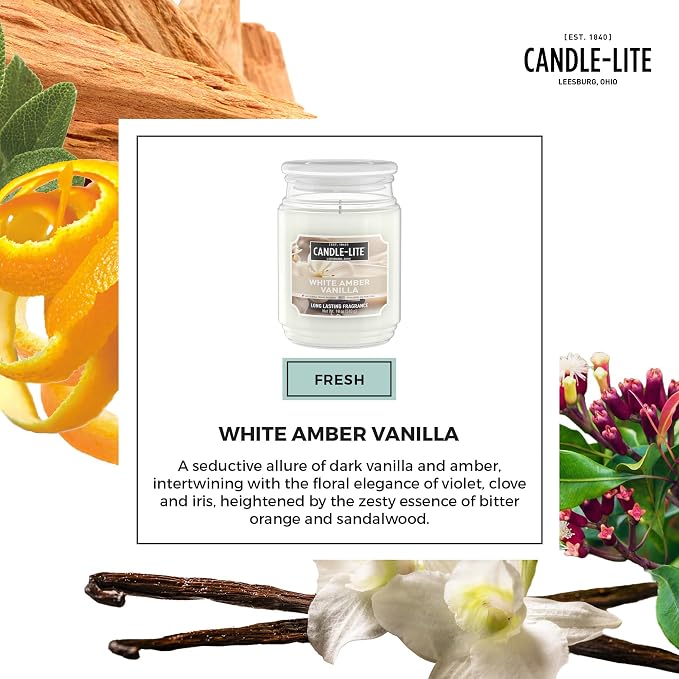 Candle-lite Scented Candles, White Amber Vanilla, 18 oz Jar, Proudly Poured in the USA, Aromatherapy Candle, Single-Wick with 110 Hours of Burn Time, Perfect for Creating a Relaxing Ambiance