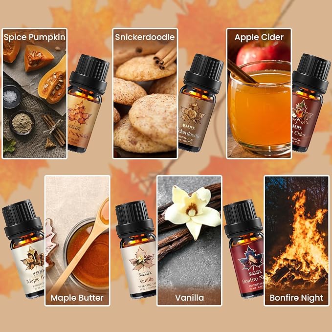 Auelife Fall Essential Oils Set for Diffusers for Home, 6 x 10ml Fall Scents with Pumpkin Spice, Vanilla, Apple Cider & Maple Butter for Candle Making, Soap Making,Holiday Gift Set