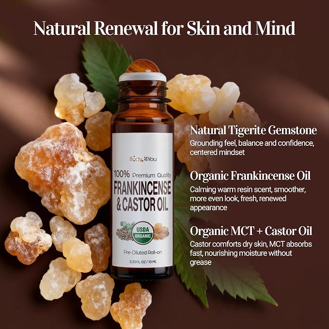 Castor Oil Frankincense Essential Oil Roll On for Face Eyebrows Under Eye - 100% Pure USDA Organic MCT Coconut - Dark Circles Fine Lines Facial Skin Care Serum - Gemstone Roller 10ml Travel Size