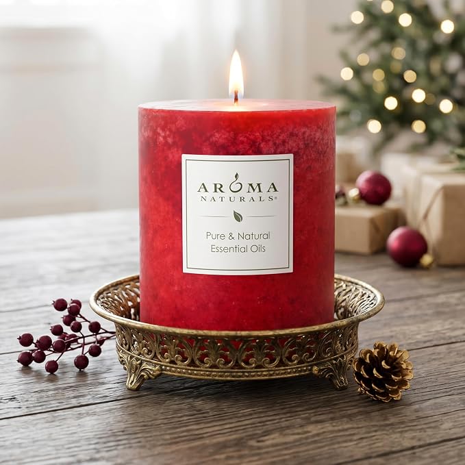 Aroma Naturals Holiday Orange, Clove and Cinnamon Essential Oil Scented Pillar Candle, Warm Spice, 3 inch x 3.5 inch