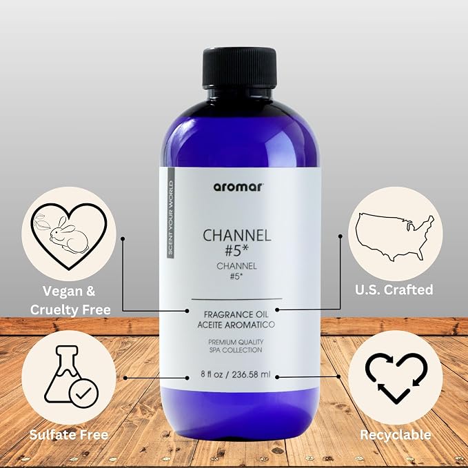 AROMAR Premium Fragrance Oil, Long-Lasting, Refreshing Uplifting Aroma for Aromatherapy, Relaxation & Household Uses. Channel #5 8oz