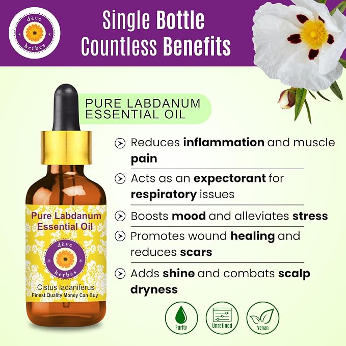 dève herbes Labdanum Essential Oil (Cistus ladaniferus) with Glass Dropper | Pure | Viscous Texture | Unisex | All Skin Types | External Use | Natural Extract | Steam Distilled 50ml X 2 (3.38 oz)