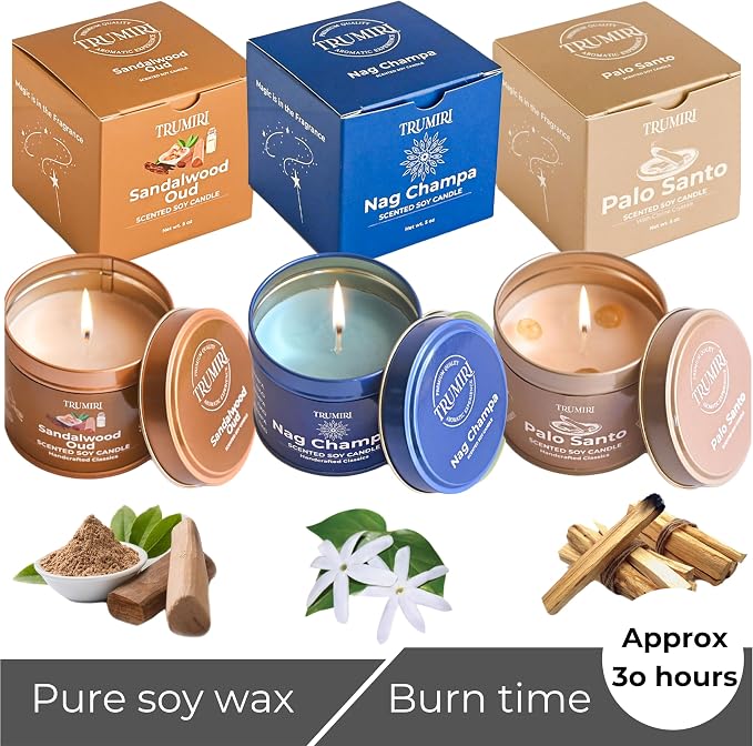 Palo Santo, Nag Champa, Sandalwood Oud - Soy Candles Non Toxic - Highly Scented Long Lasting with Essential Oils - Variety Pack of 3 x 5oz - for Home Aromatherapy Meditation Gift Travel