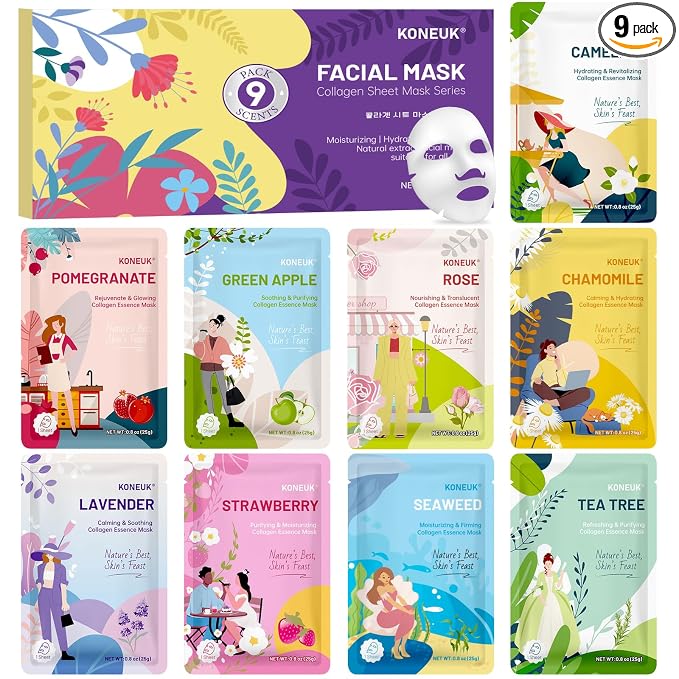 KONEUK 9 Pack Hydrating Face Masks Skincare, Bulk Sheet Face Mask for Dry Skin, Collagen Facial Masks Spa Gifts for Women Skin Care, Spa Birthday Party Supplies and Sleepover Party Supplies